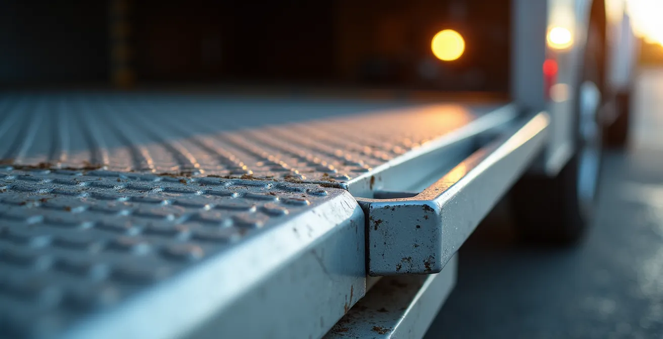 Vue macro détaillée d'une rampe de remorque avec angle d'inclinaison critique pour voiture basse