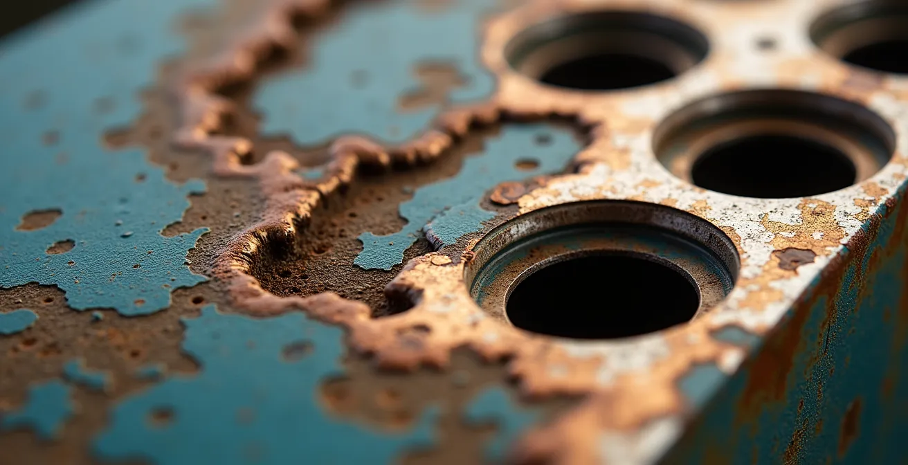 Vue macro de l'intérieur d'un bloc ABS montrant les signes de corrosion