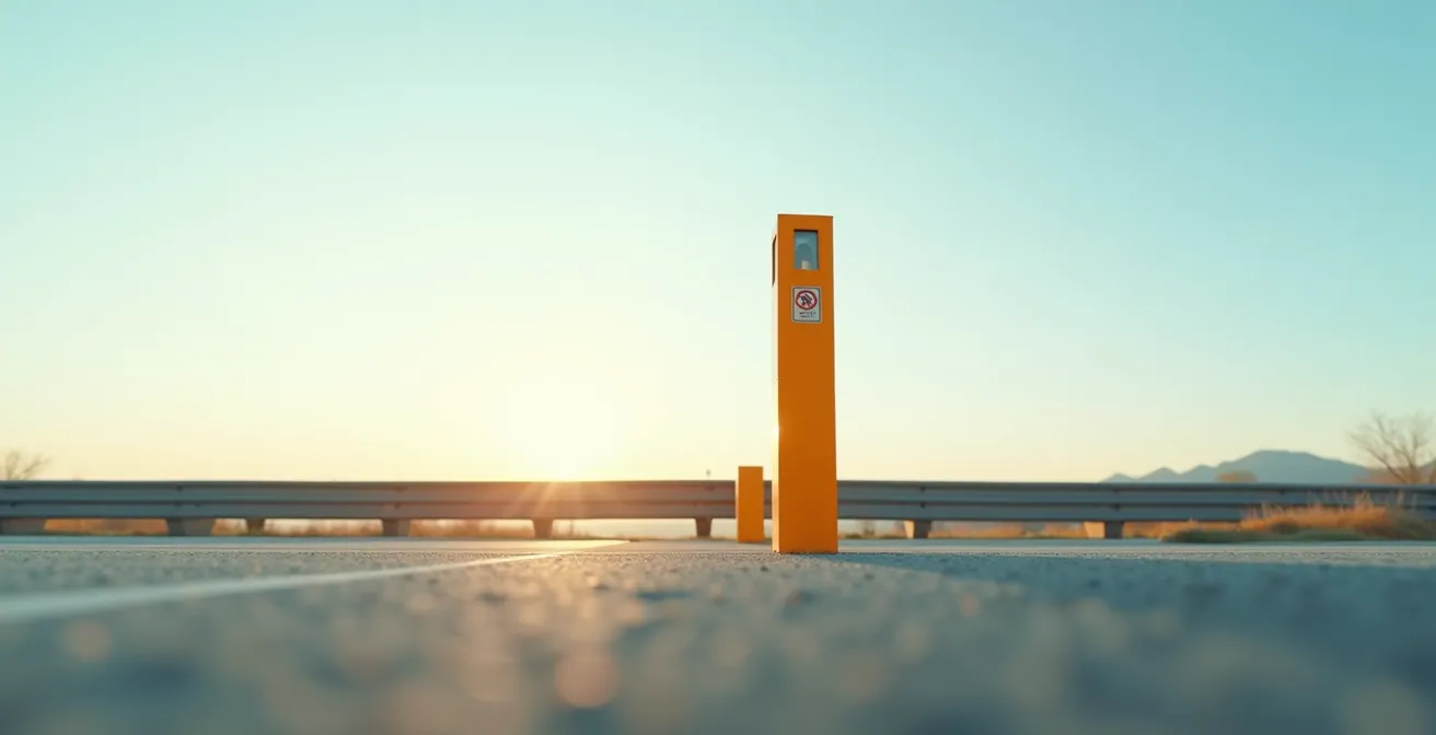 Perspective minimaliste d'une borne d'urgence dans son environnement autoroutier