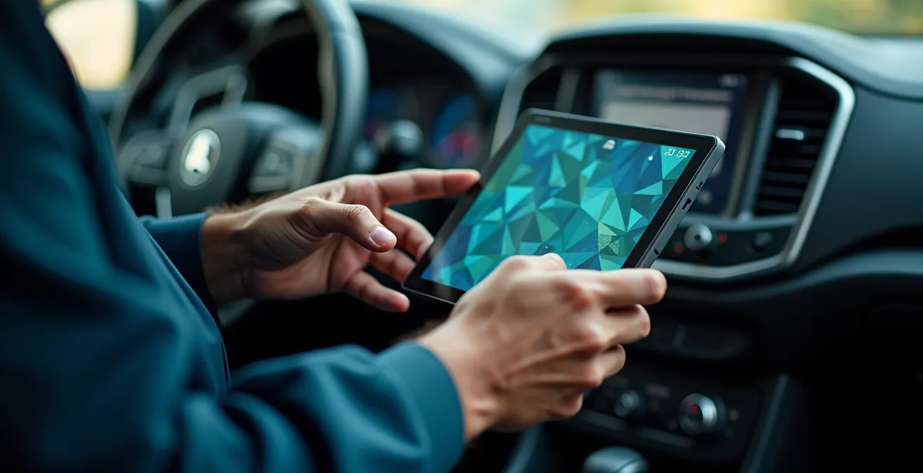 Main utilisant une tablette de diagnostic pour coder les options d'une voiture