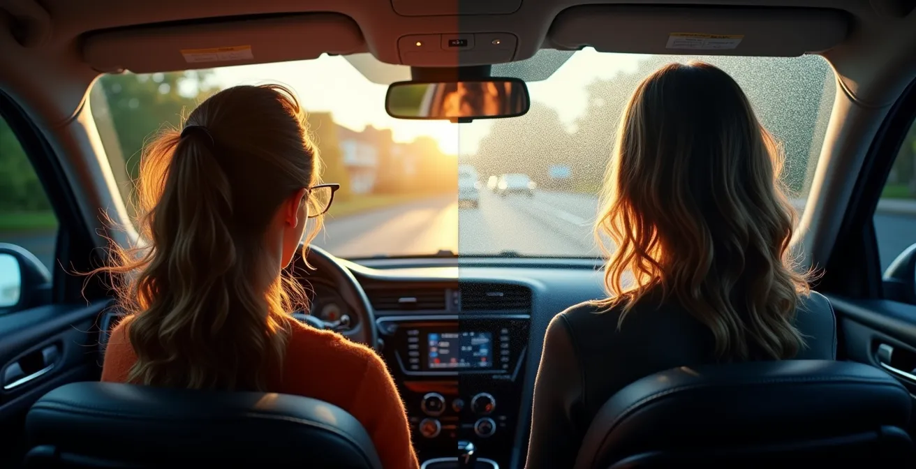 Coupe transversale d'une voiture montrant les flux d'air avec fenêtres ouvertes versus climatisation