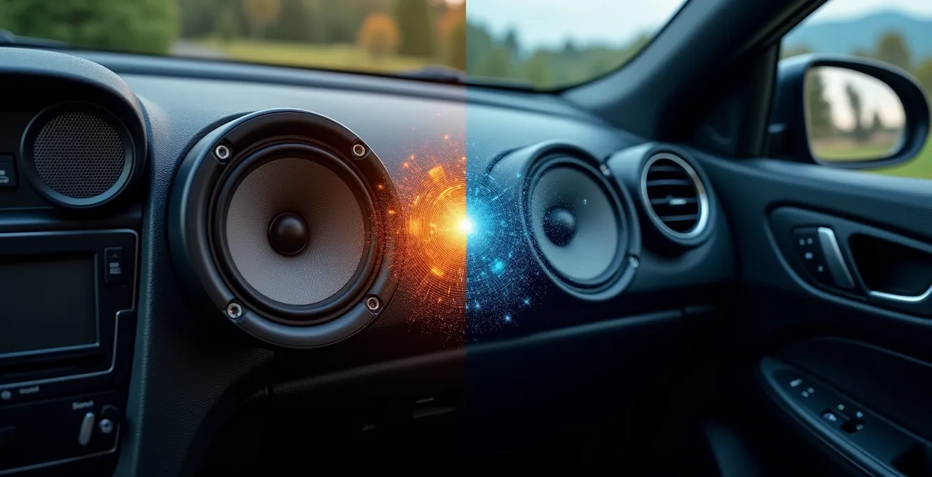 Comparaison visuelle entre installation de haut-parleurs coaxiaux et kit éclaté dans un habitacle automobile