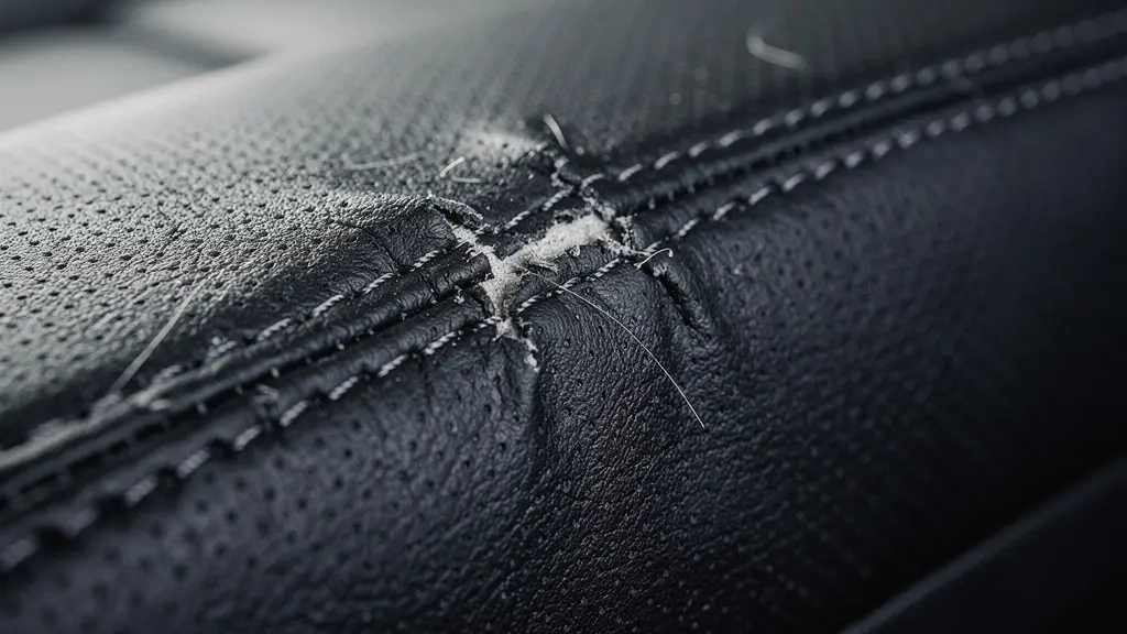 Gros plan macro sur la texture d'un siège baquet automobile montrant les coutures et la mousse déformée par l'usage prolongé