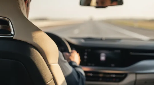 Conducteur ajustant son siège ergonomique lors d'un long trajet sur autoroute, vue latérale montrant la posture lombaire