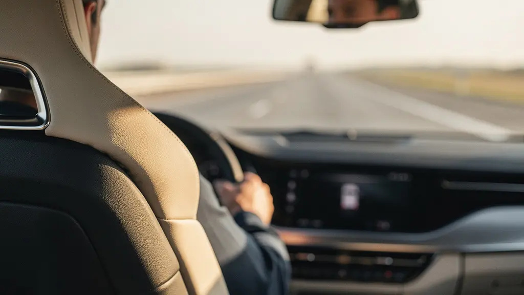 Conducteur ajustant son siège ergonomique lors d'un long trajet sur autoroute, vue latérale montrant la posture lombaire