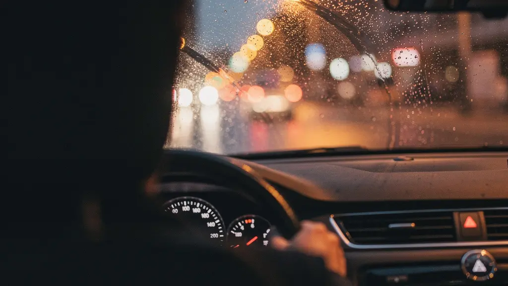 Vue cinématique depuis l'intérieur d'une voiture la nuit par temps de pluie, suggérant une atmosphère de conduite sous tension.