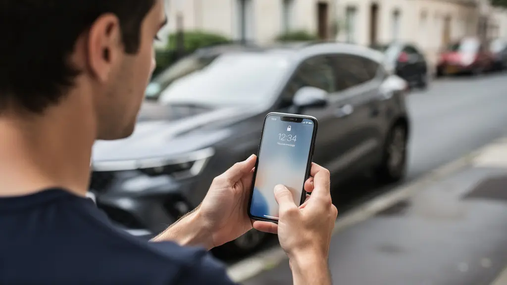 Conducteur consultant un devis auto sur smartphone près de sa voiture