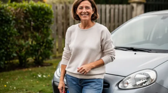 Femme conducteur occasionnel près de sa voiture en banlieue le week-end