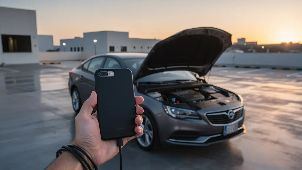 Main tenant un smartphone affichant des données de diagnostic automobile à côté d'un capot de voiture ouvert, symbolisant la confiance numérique dans la transaction de véhicules d'occasion