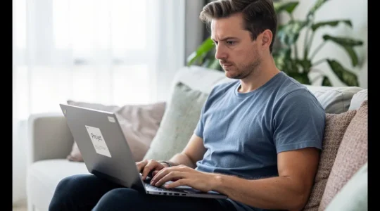 Personne consultant un devis assurance auto sur ordinateur portable dans son salon