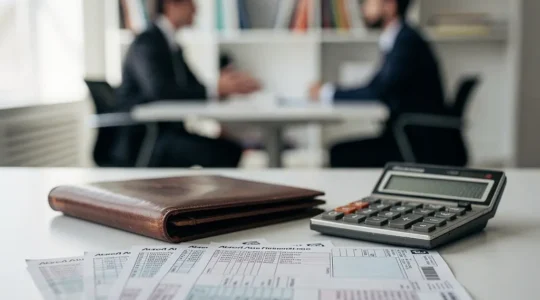 Bureau d'expertise automobile avec documents et calculatrice pour négociation d'indemnisation