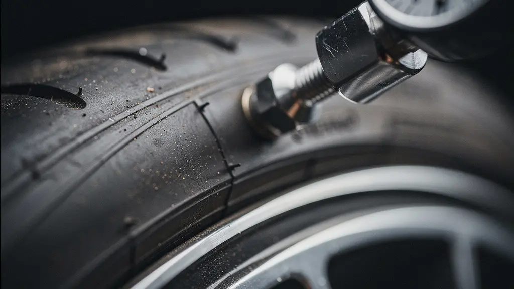 Gros plan macro d’une valve de pneu et d’un manomètre sans chiffres lisibles, illustrant le contrôle de pression pour limiter la surconsommation.