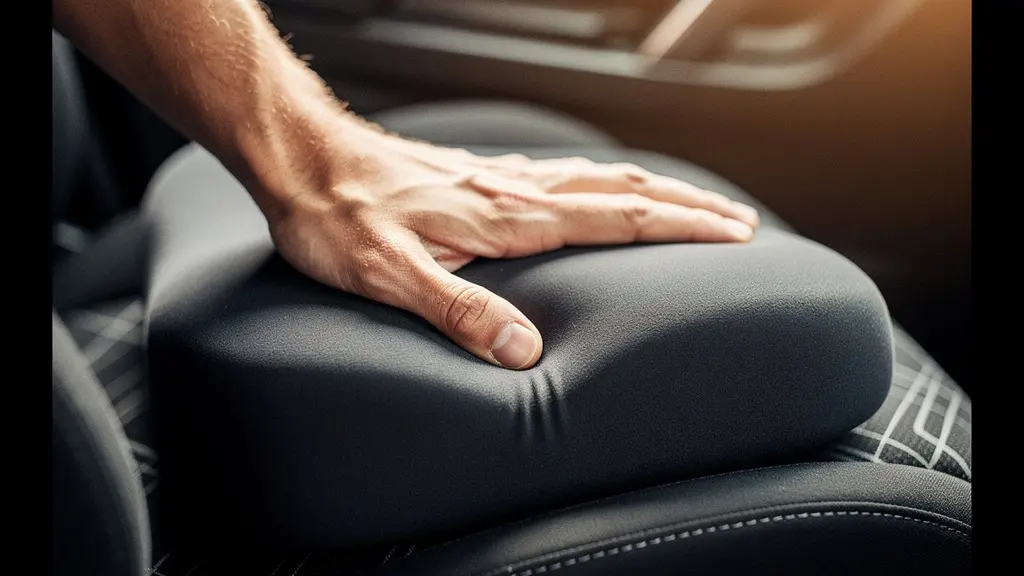 Main posée sur un coussin ergonomique à mémoire de forme sur un siège automobile, montrant la déformation du matériau sous la pression