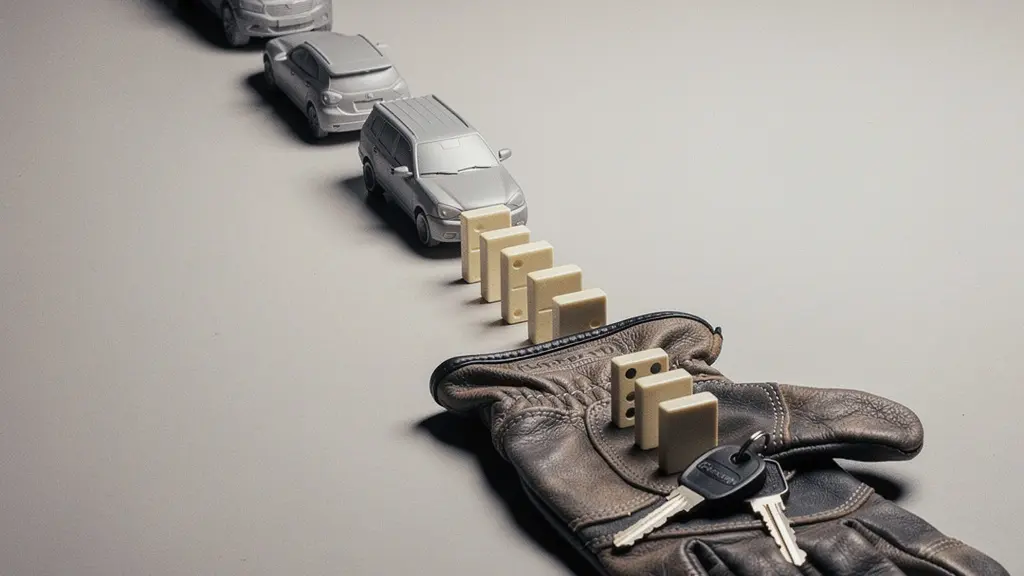 Suite de dominos et de petits objets mécaniques brandless tombant en cascade, symbolisant l’effet domino des erreurs de gestion manuelle d’une flotte.