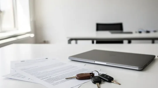 Documents de cession de véhicule disposés avec soin sur un bureau moderne avec éclairage naturel