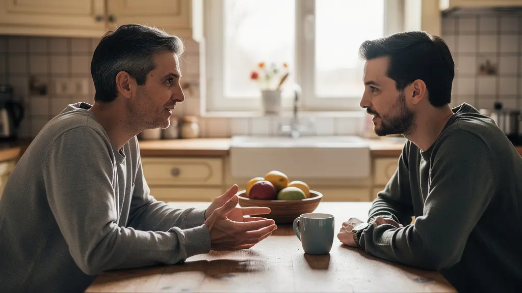 Discussion naturelle entre parent et jeune adulte à table de cuisine sur les finances