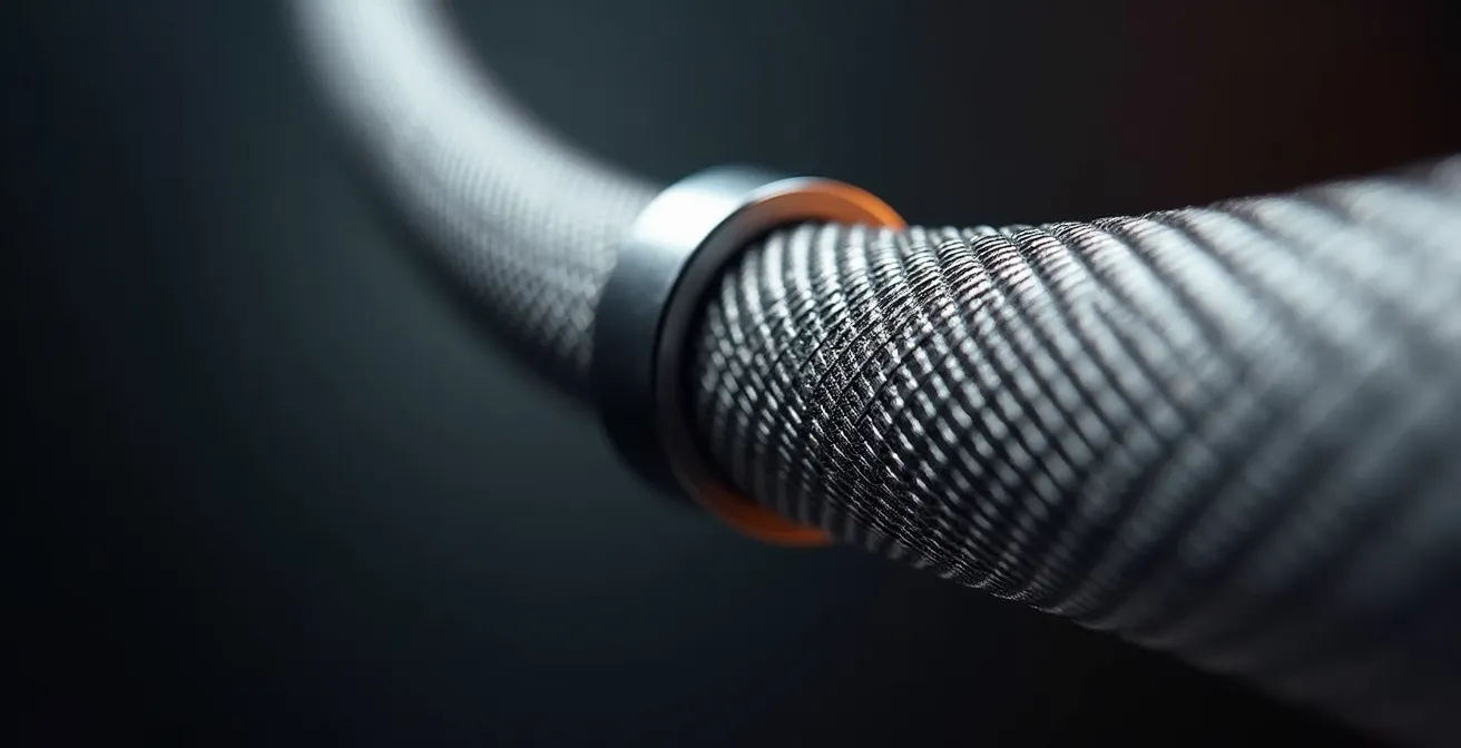 Vue macro détaillée d'une durite aviation en inox tressé avec raccords
