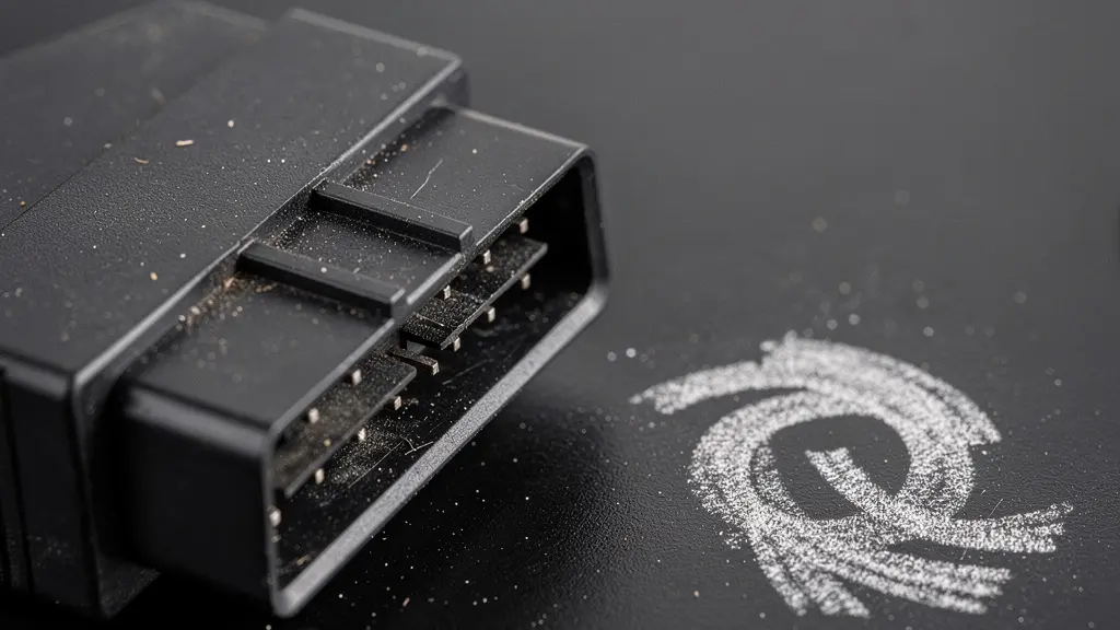 Gros plan macro sur un connecteur OBD2 et des particules de poussière, évoquant la perte d’informations quand on efface l’historique de panne.