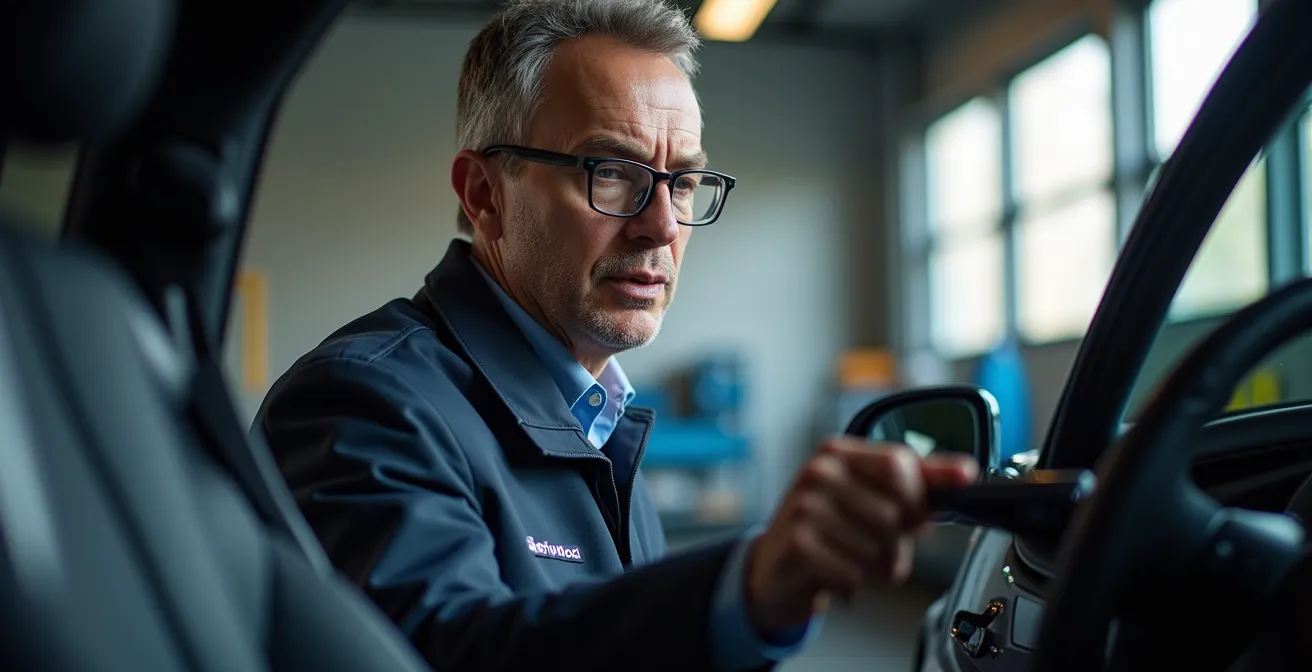 Expert automobile inspectant un véhicule importé dans un atelier professionnel