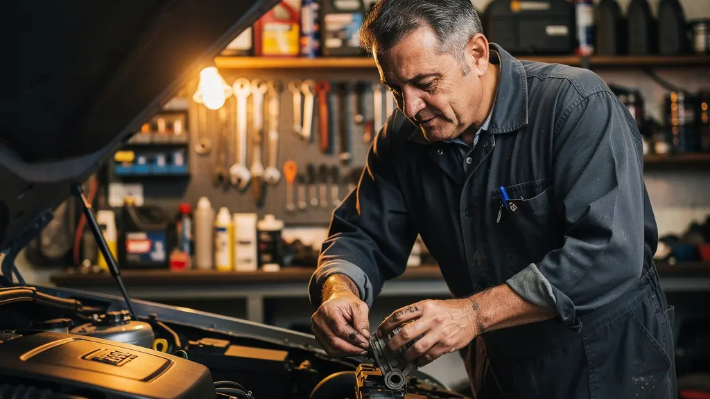Mécanicien dans un garage indépendant travaillant sous le capot d'une voiture, illustrant la liberté de choix du consommateur pour l'entretien de son véhicule