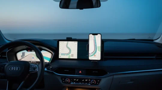 Interface moderne de véhicule montrant une comparaison entre GPS intégré et smartphone avec CarPlay