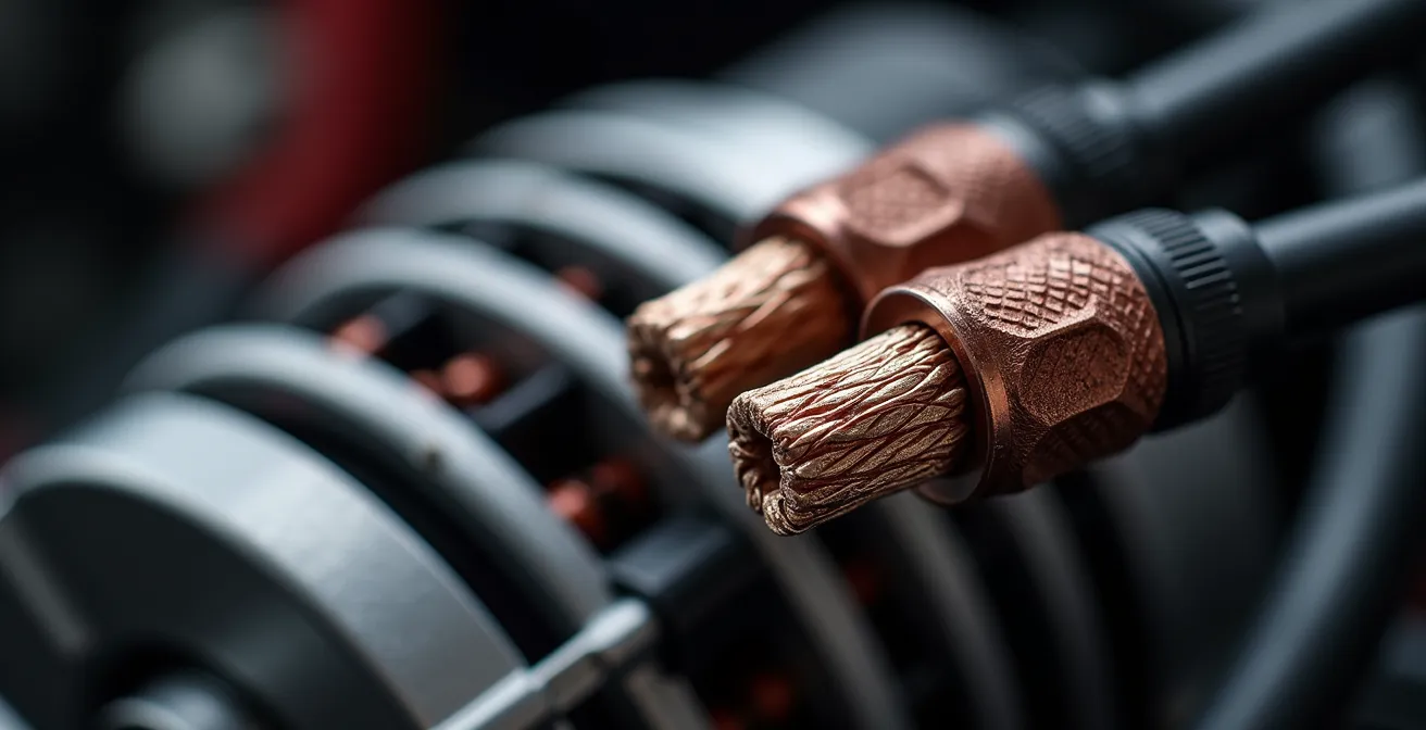 Vue technique d'un compartiment moteur montrant batterie AGM, alternateur et câblage audio dimensionné