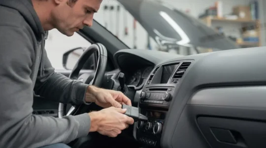 Main d’un automobiliste branchant un petit adaptateur OBD2 sous le volant, avec le moteur en arrière-plan flou et de l’espace négatif pour un titre.