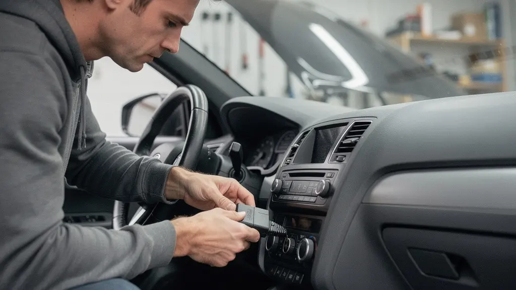 Main d’un automobiliste branchant un petit adaptateur OBD2 sous le volant, avec le moteur en arrière-plan flou et de l’espace négatif pour un titre.
