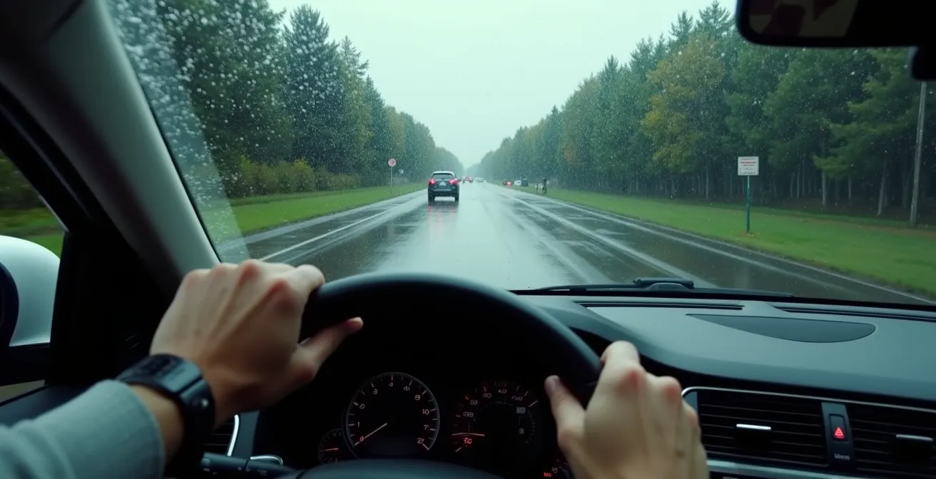 Vue depuis l'habitacle d'une voiture sous forte pluie avec reflets sur la chaussée montrant les zones de danger