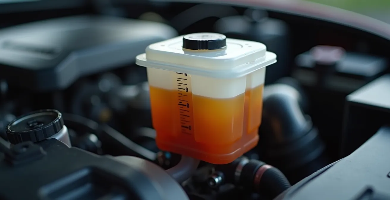 Réservoir de liquide de frein transparent montrant le niveau et la couleur ambrée du fluide