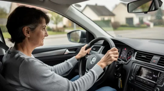 Mère et fils adolescent assis ensemble dans une voiture en conduite accompagnée