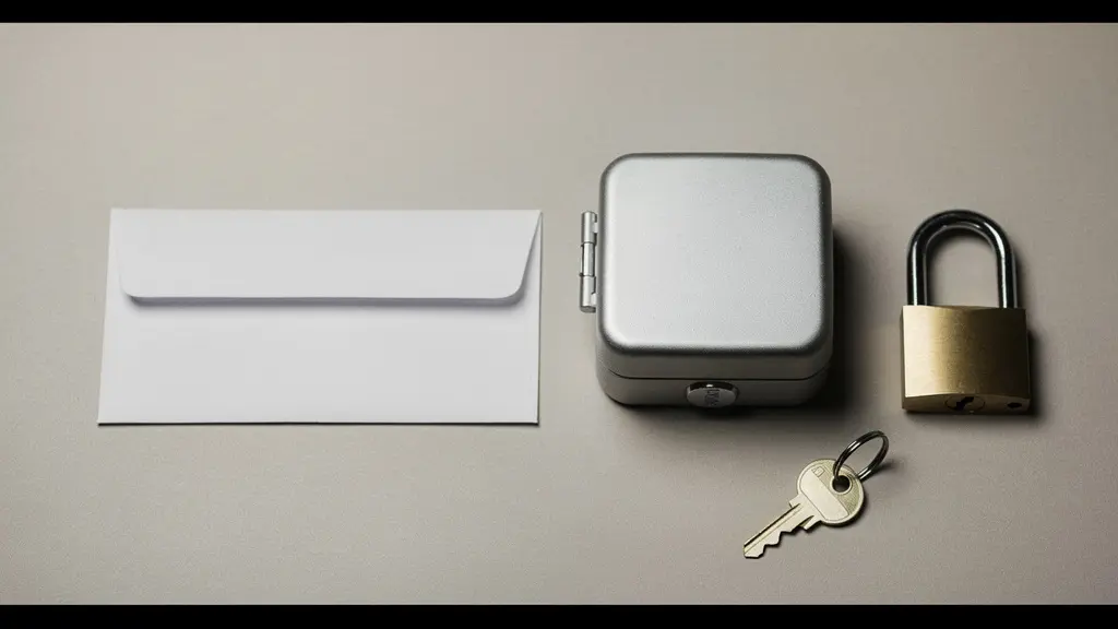 Deux options de paiement symbolisées par une enveloppe opaque et un petit coffret sécurisé avec cadenas, sans texte ni logo.