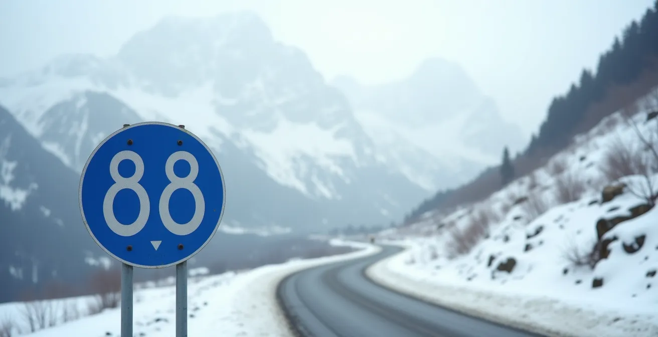 Panneau de signalisation B58 indiquant l'entrée en zone d'équipements hivernaux obligatoires dans un paysage montagnard