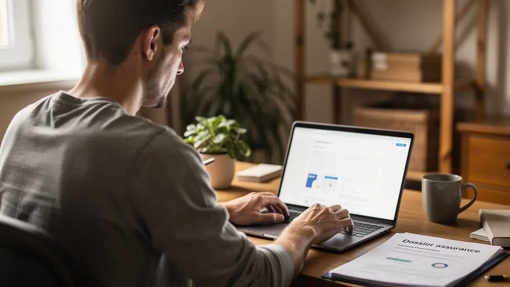 Parent consultant un contrat d'assurance auto sur ordinateur portable