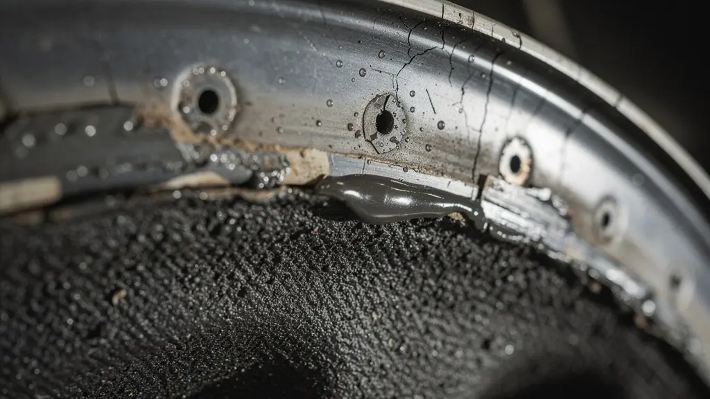 Gros plan macro sur la surface métallique intérieure d'un passage de roue automobile montrant les textures de tôle et de matériau isolant
