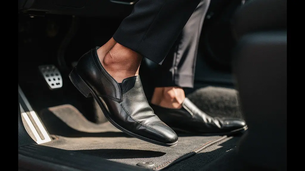 Vue symbolique d'un pied de conducteur crispé au-dessus d'une pédale, illustrant la tension musculaire asymétrique lors de la conduite