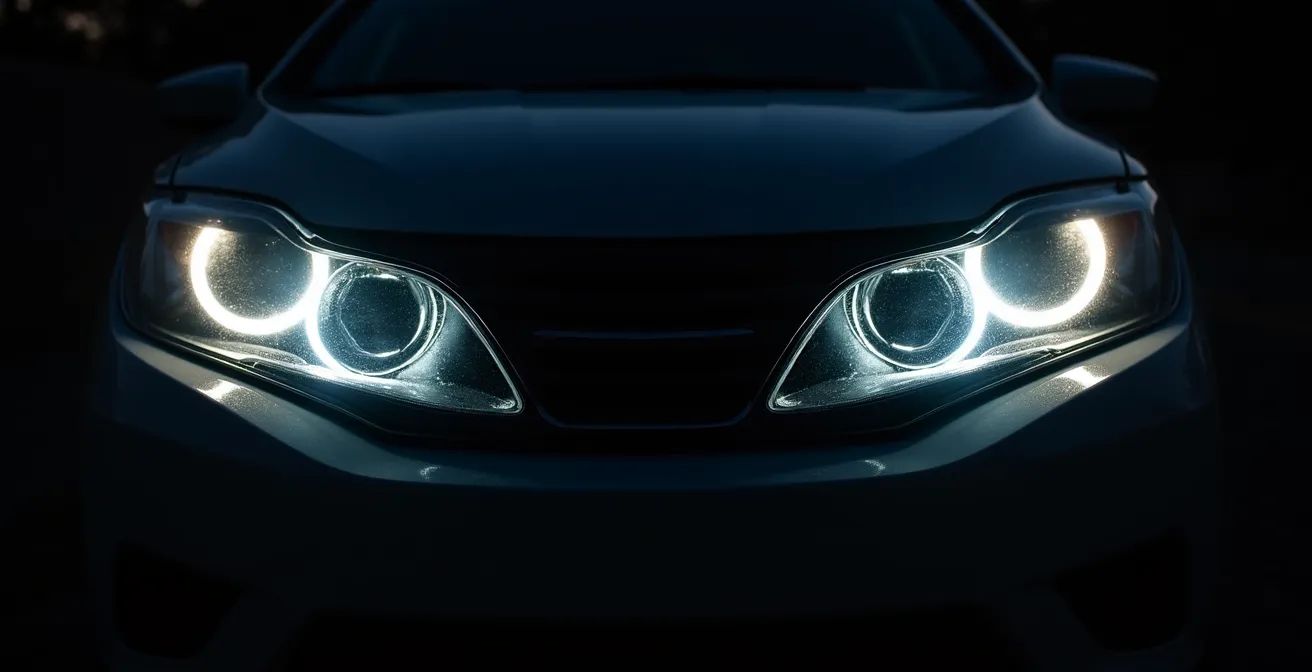 Phares de voiture montrant une variation d'intensité lumineuse causée par un problème de régulateur d'alternateur
