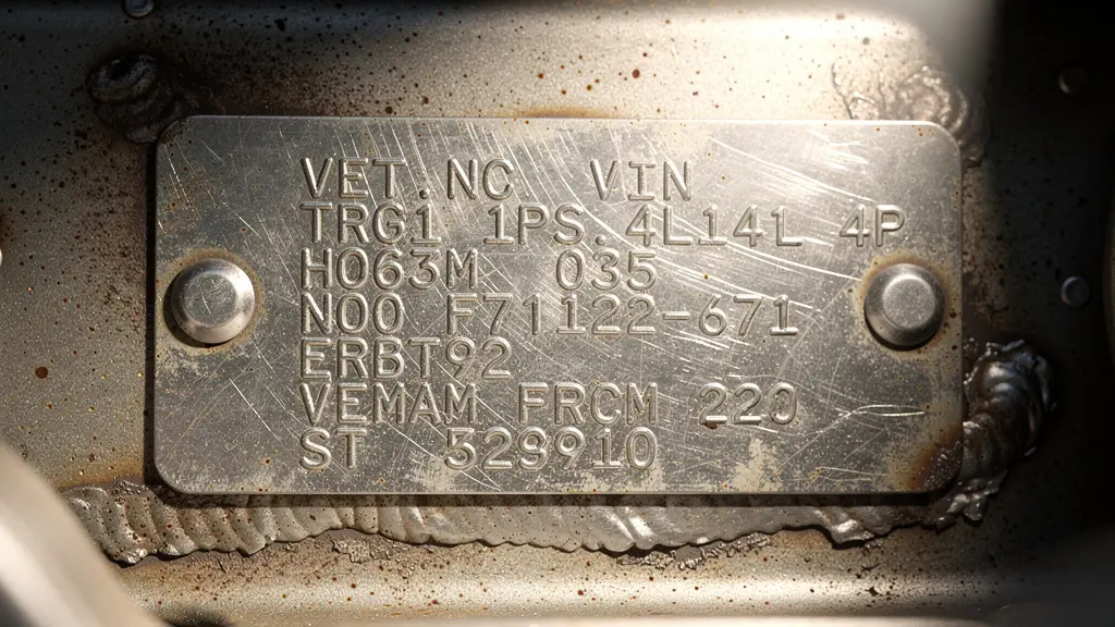 Vue macro extrême d'une plaque VIN métallique frappée à froid sur le châssis d'un véhicule, révélant les détails de la gravure et la texture du métal