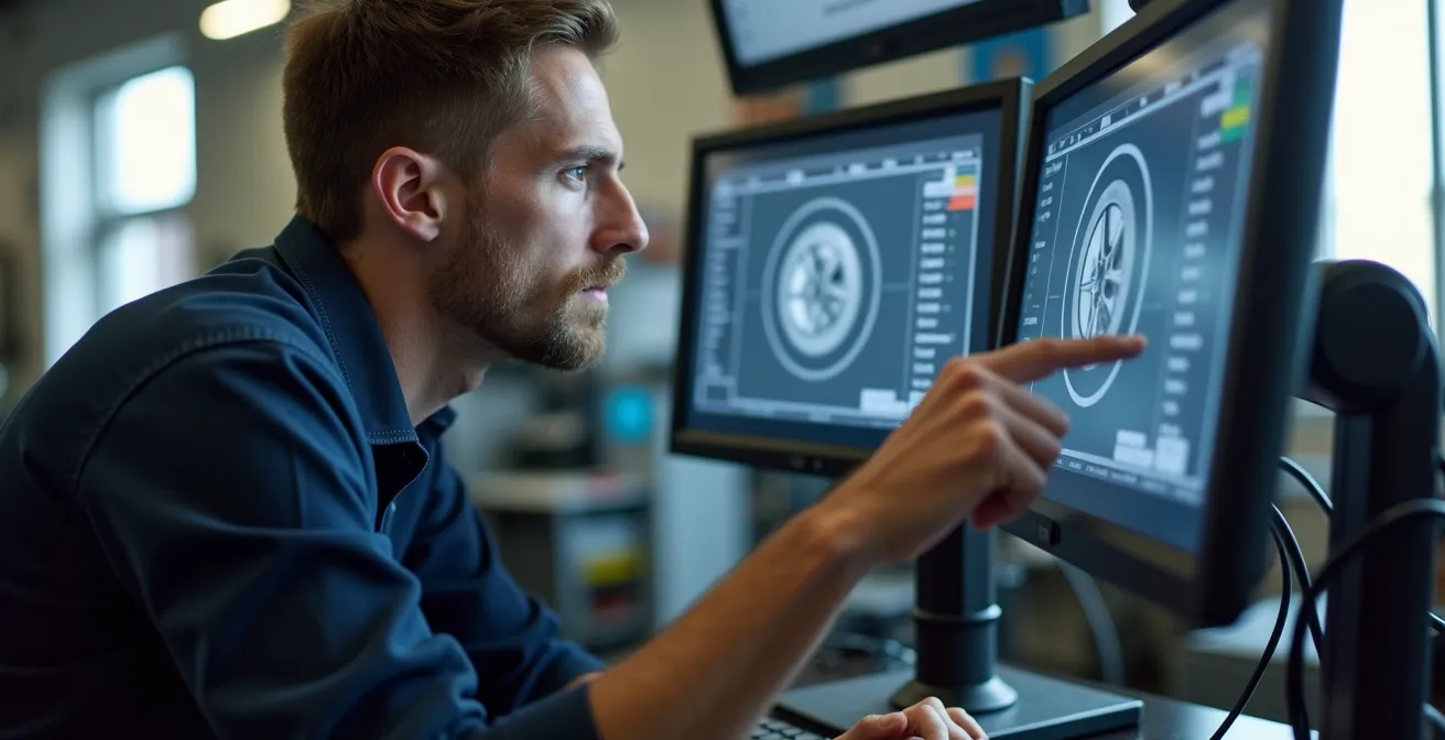 Vue rapprochée d'un technicien analysant un banc de géométrie avec écran affichant les angles des roues