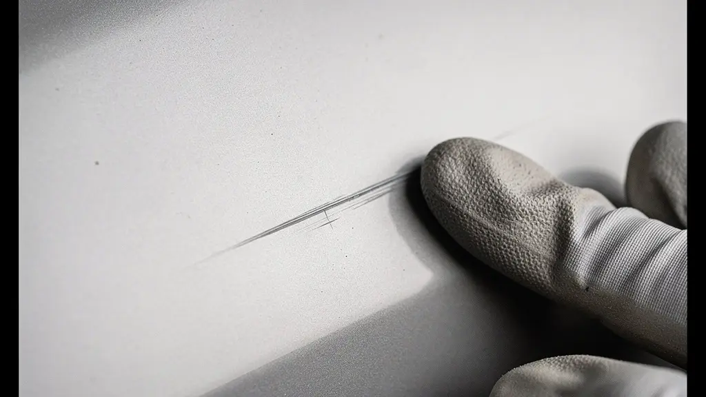 Gros plan sur une fine rayure dans la peinture d’une voiture, texture visible, avec une main gantée qui montre le défaut.