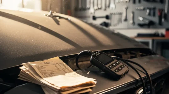 Capot ouvert d'une voiture d'occasion dans un garage, avec des outils de diagnostic posés à côté, illustrant la reconstruction de l'historique mécanique d'un véhicule