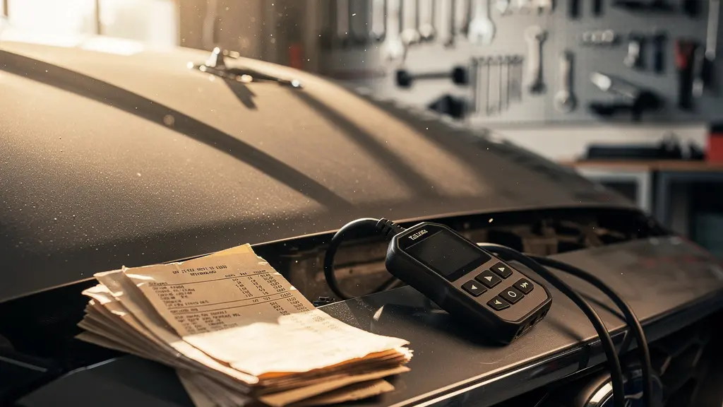 Capot ouvert d'une voiture d'occasion dans un garage, avec des outils de diagnostic posés à côté, illustrant la reconstruction de l'historique mécanique d'un véhicule
