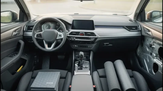 Vue intérieure d'un habitacle automobile calme et silencieux avec des matériaux d'isolation acoustique visibles sous les garnitures