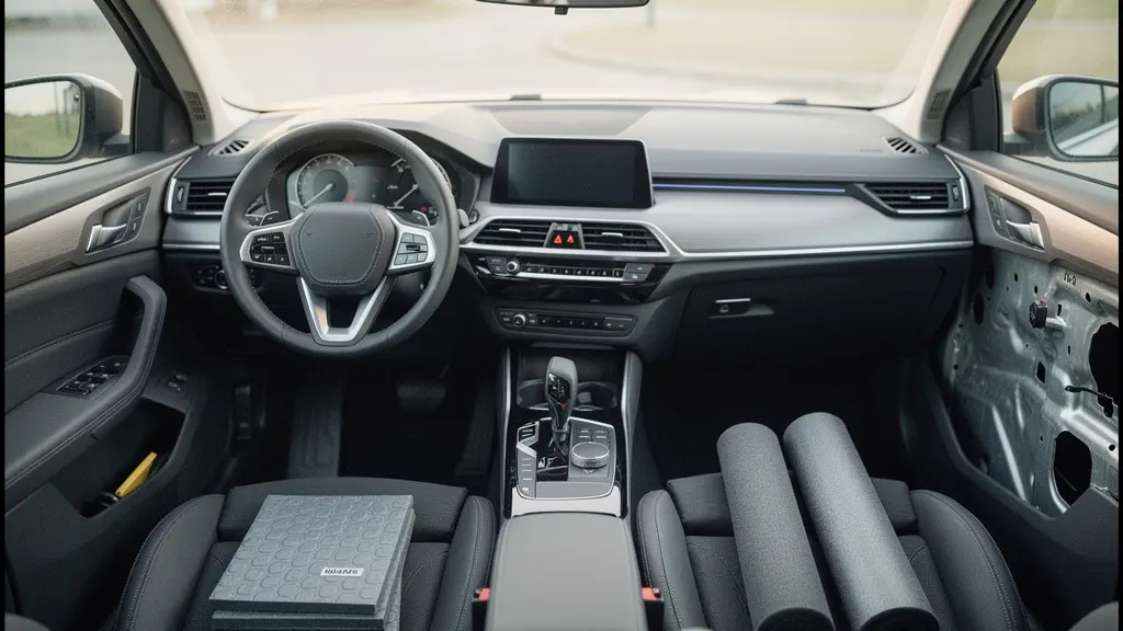 Vue intérieure d'un habitacle automobile calme et silencieux avec des matériaux d'isolation acoustique visibles sous les garnitures