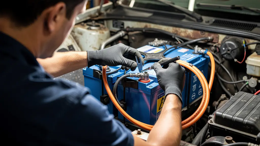 Mécanicien installant un kit de retrofit électrique dans le compartiment moteur d'une voiture ancienne
