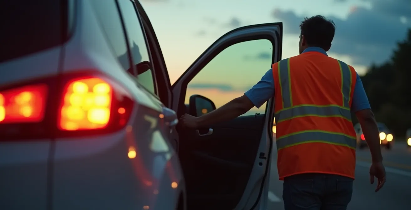 Conducteur sortant côté passager avec gilet haute visibilité