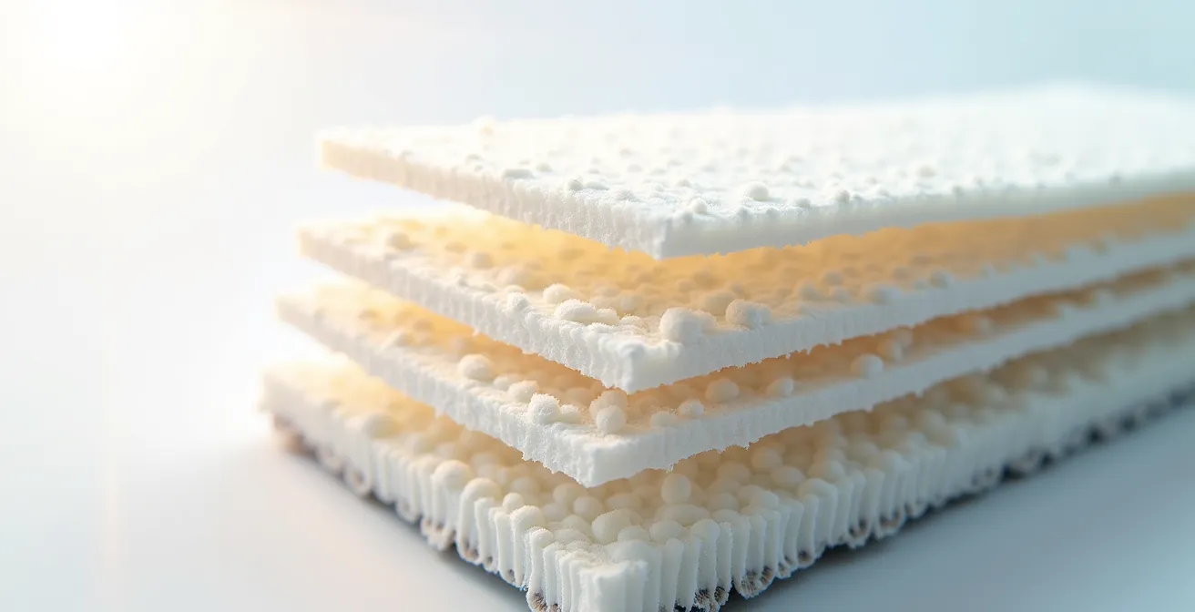 Coupe transversale d'un filtre habitacle montrant ses différentes couches de filtration