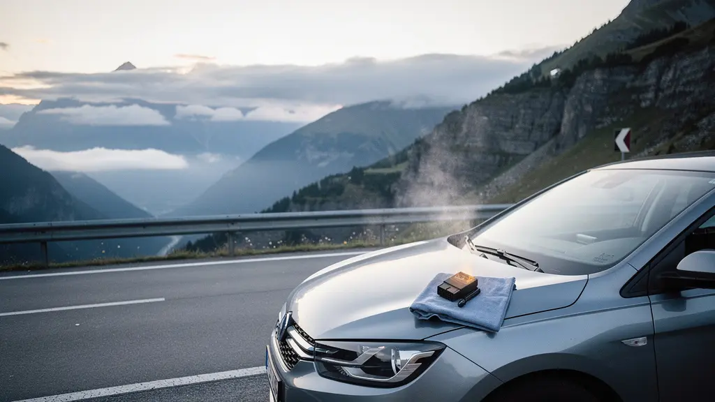 Voiture sportive arrêtée sur une route de montagne au lever du jour, capot entrouvert, suggérant la surveillance des températures et pressions en conditions difficiles.