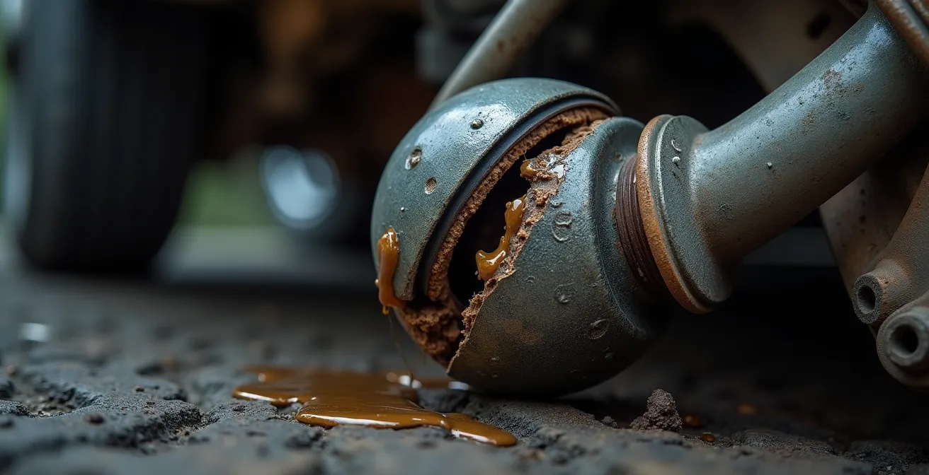 Gros plan macro sur rotule de suspension avec traces d'impact et déformation visible