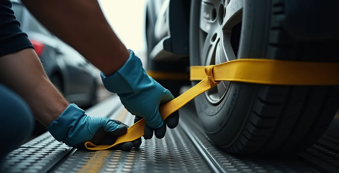 Système professionnel de sanglage de roue sur remorque porte-voiture
